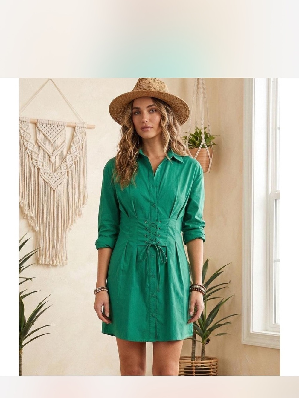 Green Button-Front Shirt Dress with Corset Waist